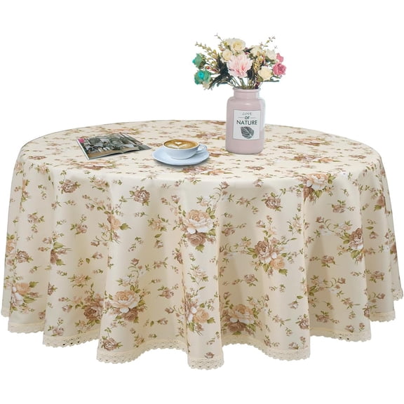 Floral print round tablecloth 70 inches stain-resistant and waterproof burgundy tablecloth, suitable for kitchens, restaurants, indoors, outdoors, self-service table surface decoration (beige backgro