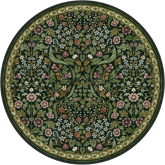 Floral round carpet, Bohemian style washable soft floor mat, suitable for bedrooms, dining rooms, guest rooms, anti-slip and warm, Black