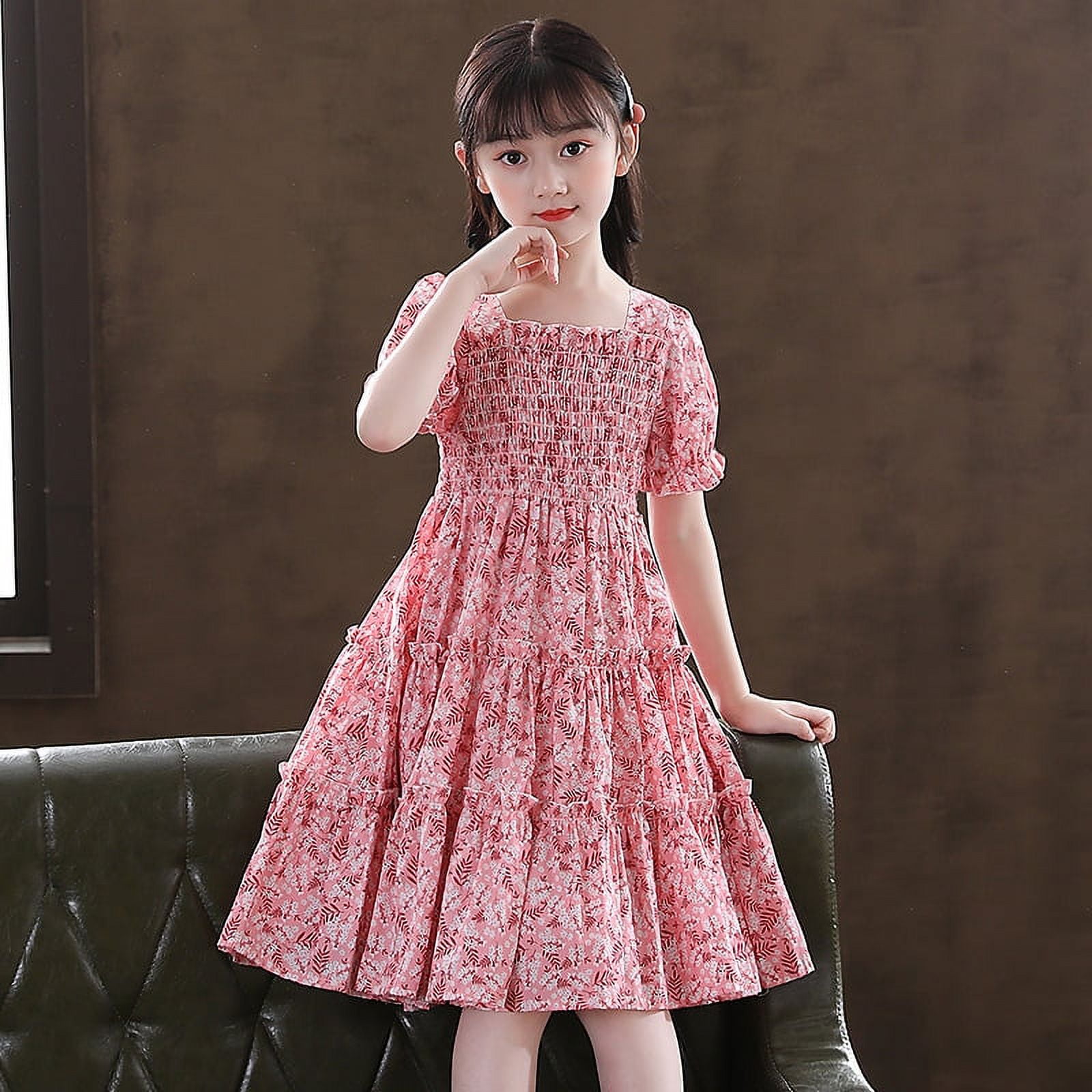 Girls Dresses Summer Girl Cotton Round Neck Short Sleeve Solid Color Print  Dress Soft And Comfy Daily Wear Outfits Girls' Dresses White 10-11 Years -  Walmart.com