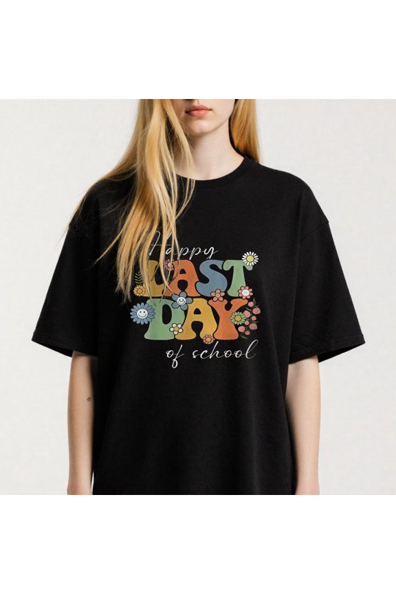 Floral themed Happy Last Day of School Graphic for Kids Casual Tee print T Shirt