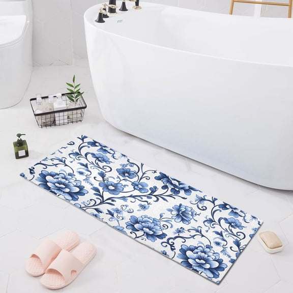 Floral with Blue Flowers Bath Mat 39x20 Non-Slip Bathroom Rugs Absorbent Soft Plush Quick Dry for Tub Shower Kitchen Home Decor