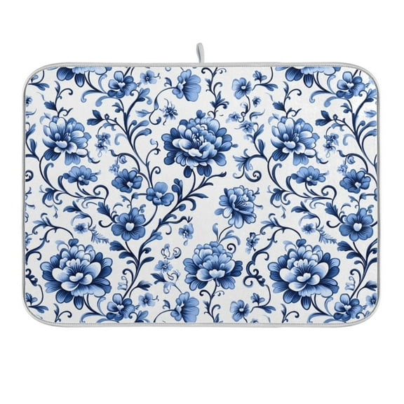 Floral with Blue Flowers Dish Drying Mat 16x18 Absorbent Microfiber Draining Rack Pad for Kitchen Counter Sink