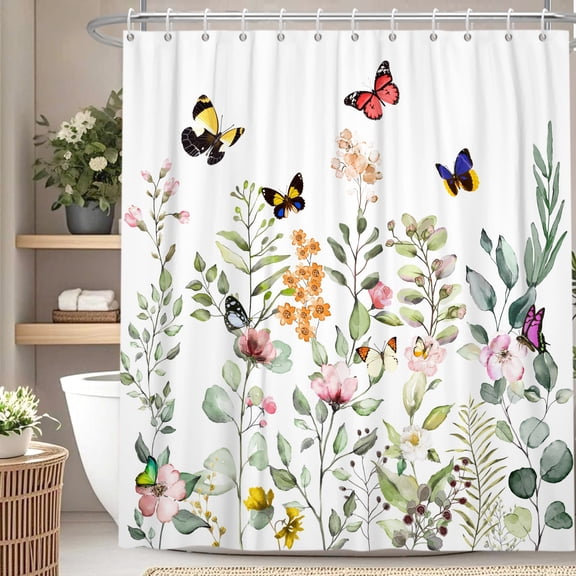 Floral with Butterfly Shower Curtain Spring Watercolor Flowers Bath Curtain for Bathroom Decor with Hooks 72x72 in