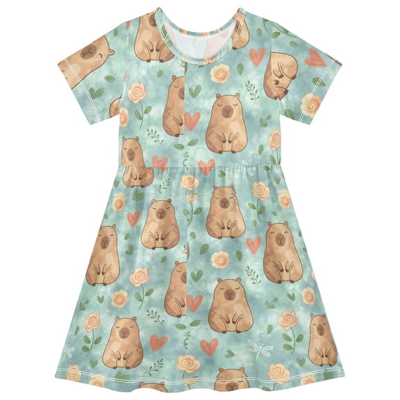 Floral with Cute Capybara Short Sleeve Dress A-Line Cute Midi Casual Sundress 2-8 Years