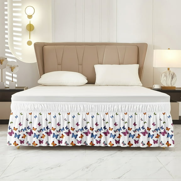 Florals Butter-Fly Bed Skirt 39x75 Inch Drop, Adjustable & Elastic Wrap Around Bed Skirts Pleated Luxury Dust Ruffles for Twin Full Queen Cal King Base Bed, Spring Summer Flower Leaves