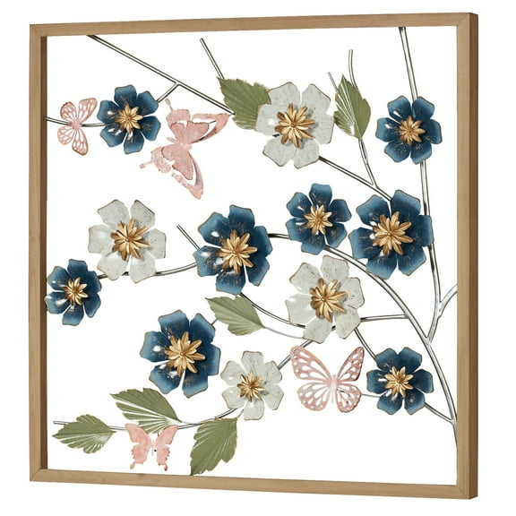 Florals Flower and Butterflies Openwork Metal Wood Wall Art 36 Inches Square