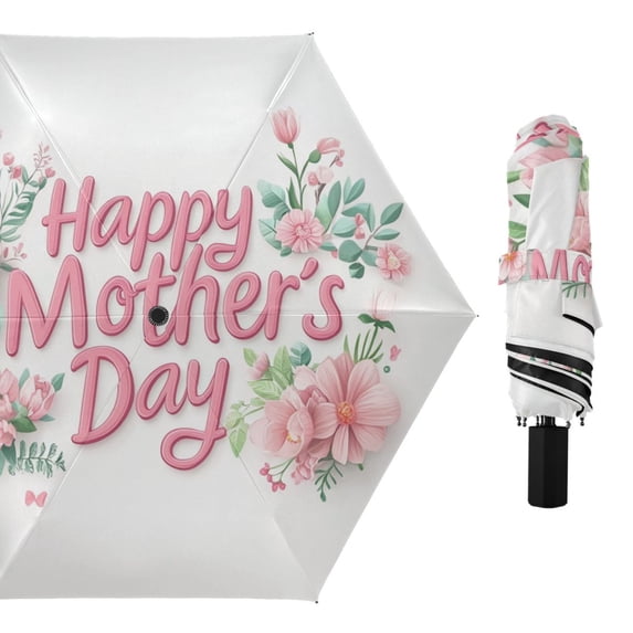 Florals Leaves Happy Mothers Day All Weather Umbrella Triple Folding Parasol 6 Ribs UV Protection Portable