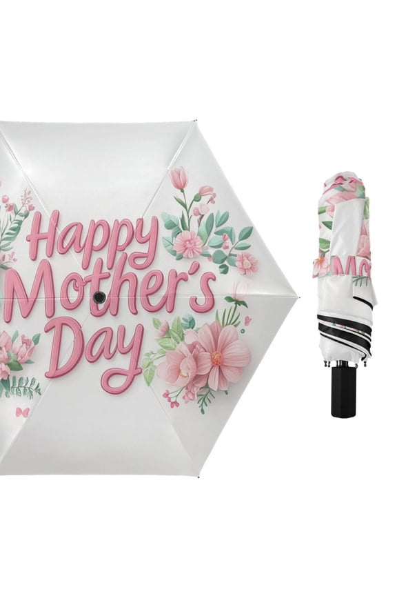 Florals Leaves Happy Mothers Day All Weather Umbrella Triple Folding Parasol 6 Ribs UV Protection Portable