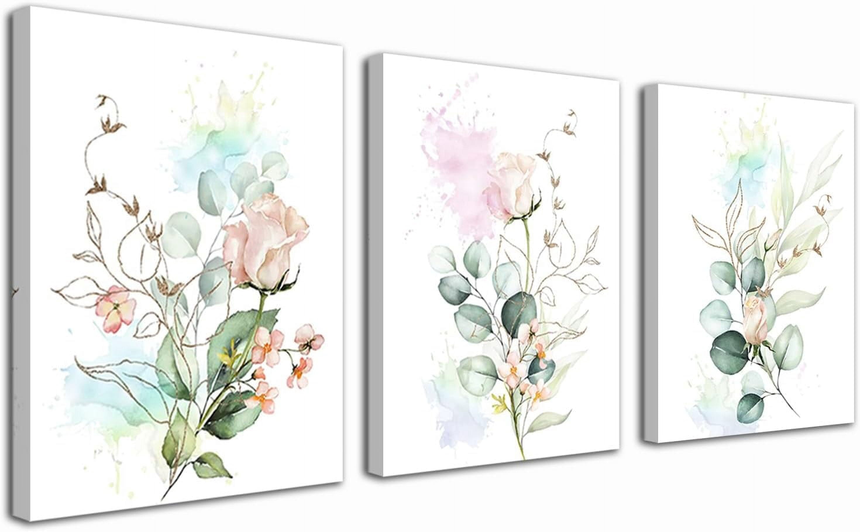 Florals Pictures Wall Art Flowers Rose Canvas Eucalyptus Botanical Plants Paintings Leaf Prints, Minimalist Simple Artwork Framed for Bathroom Living Room Bedroom Office Home Decor 12"x16"x3