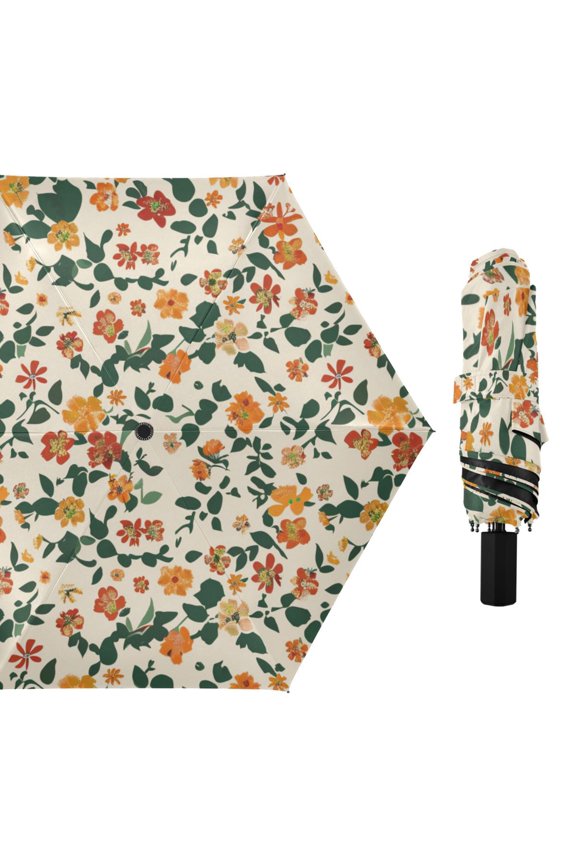 Florals and Leaves All Weather Umbrella Triple Folding Parasol 6 Ribs UV Protection Portable