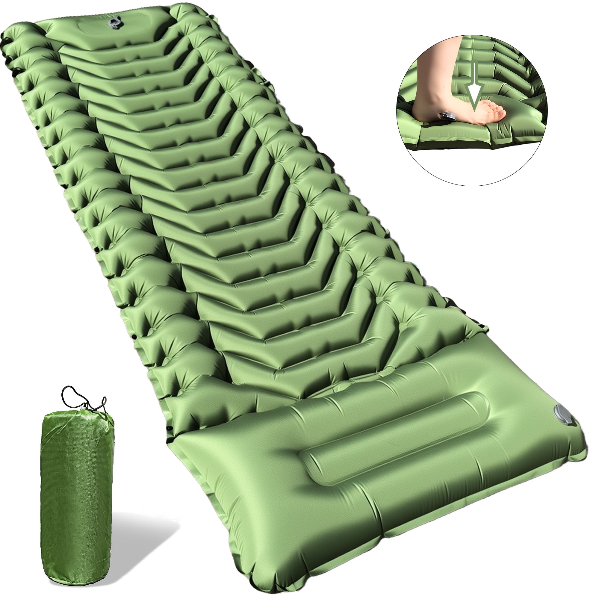 Florascent Sleeping Pad, Thickened Camping Mat with Pillow Built-in Foot Pump Ultralight Inflatable Sleeping Pad for Camping Backpacking Hiking Traveling, Green