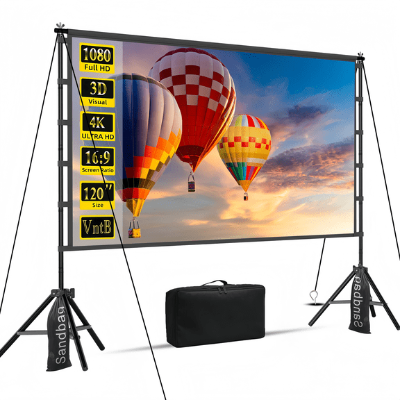 Florascent 120 inch Projector Screen with Stand, 4K HD 16:9 Foldable Anti-Crease Indoor Outdoor Movie Screen, Portable Projection Screen for Backyard Theater, Camping, and Sports Viewing Parties