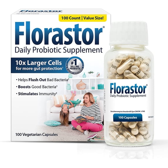 Florastor Daily Probiotic Supplement for Women and Men, Proven to Support Digestive Health, Saccharomyces Boulardii CNCM I-745 (100 Capsules)