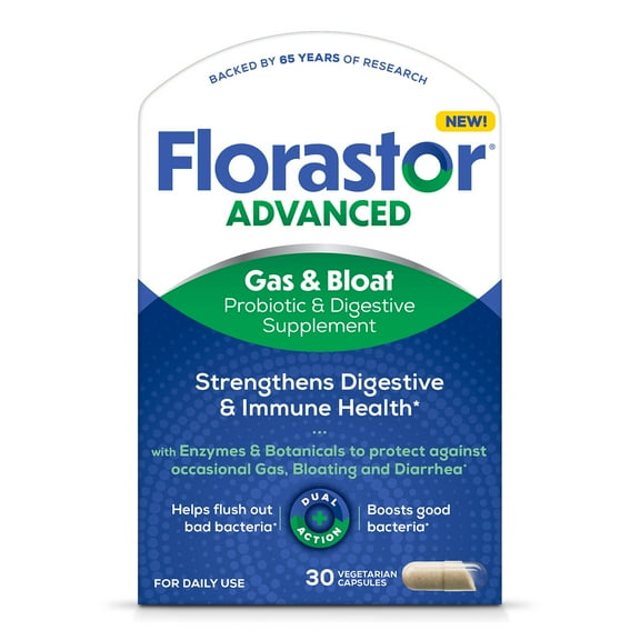 Florastor Unisex Advanced Gas & Bloat Daily Probiotic & Digestive Supplement Capsules, 30 Count