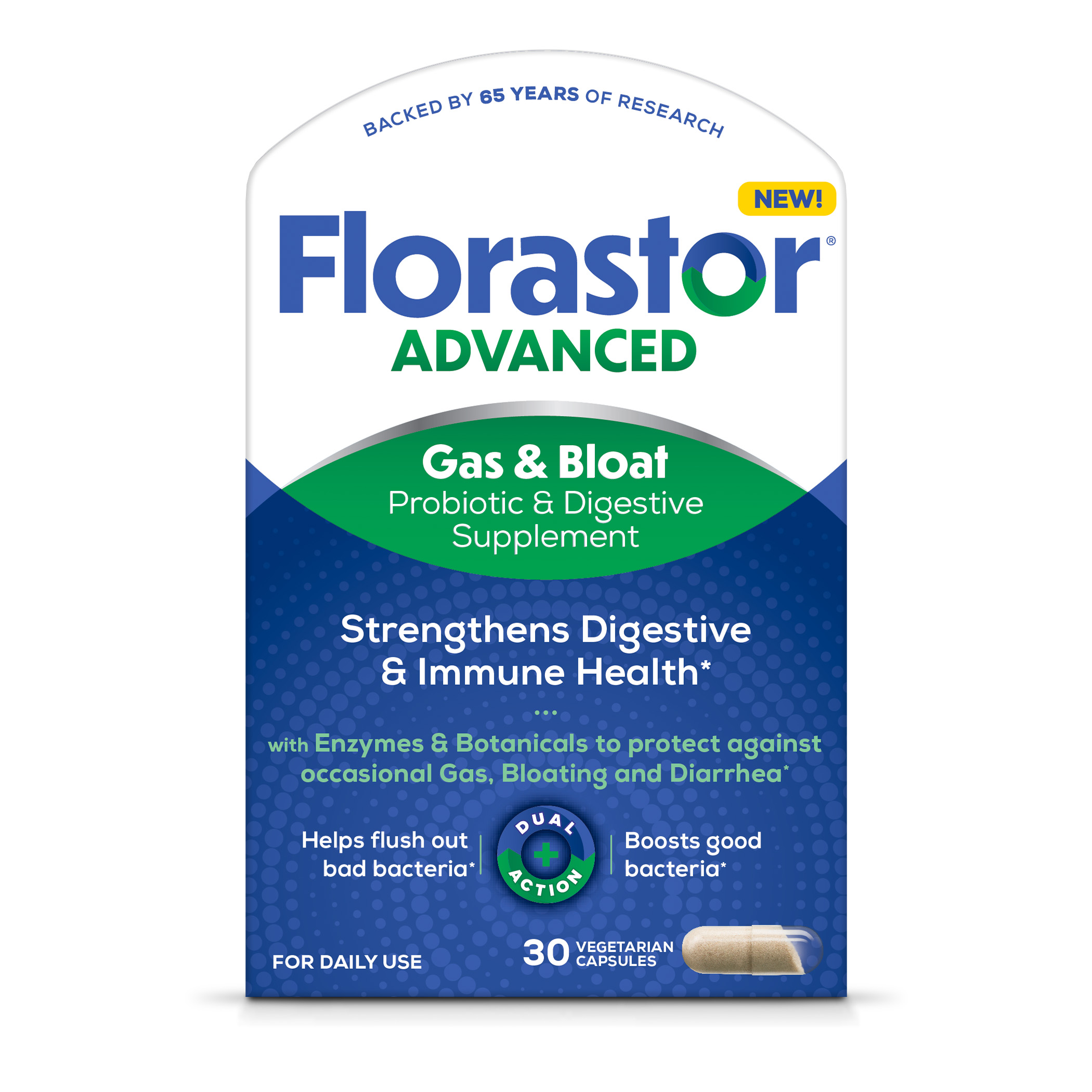 Florastor Unisex Advanced Gas And Bloat Daily Probiotic And Digestive Supplement Capsules 30 Count