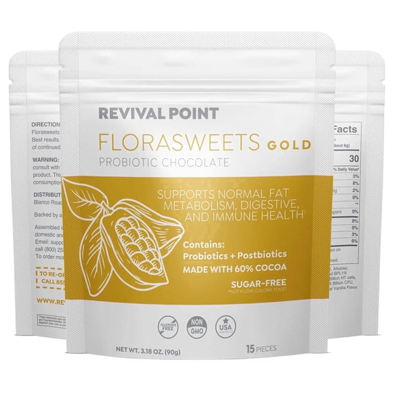 Florasweets Gold Probiotic & Postbiotic Chocolate (15 Million CFU) - Digestive Health - Revival Point