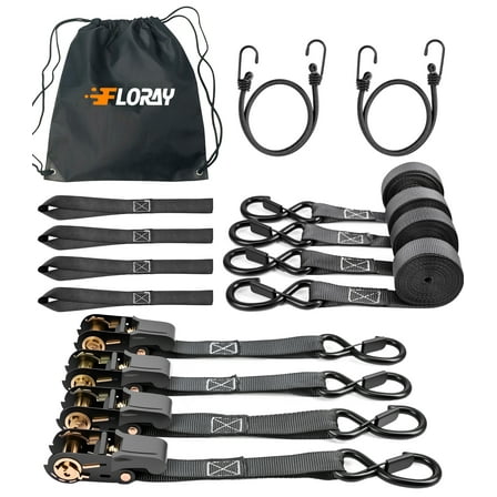 FLORAY 1" x 15' Heavy Duty Ratchet Strap with S Hooks, 1,800lbs Break Strength, 4 pack Retractable Tie Down for Trucks and Trailers