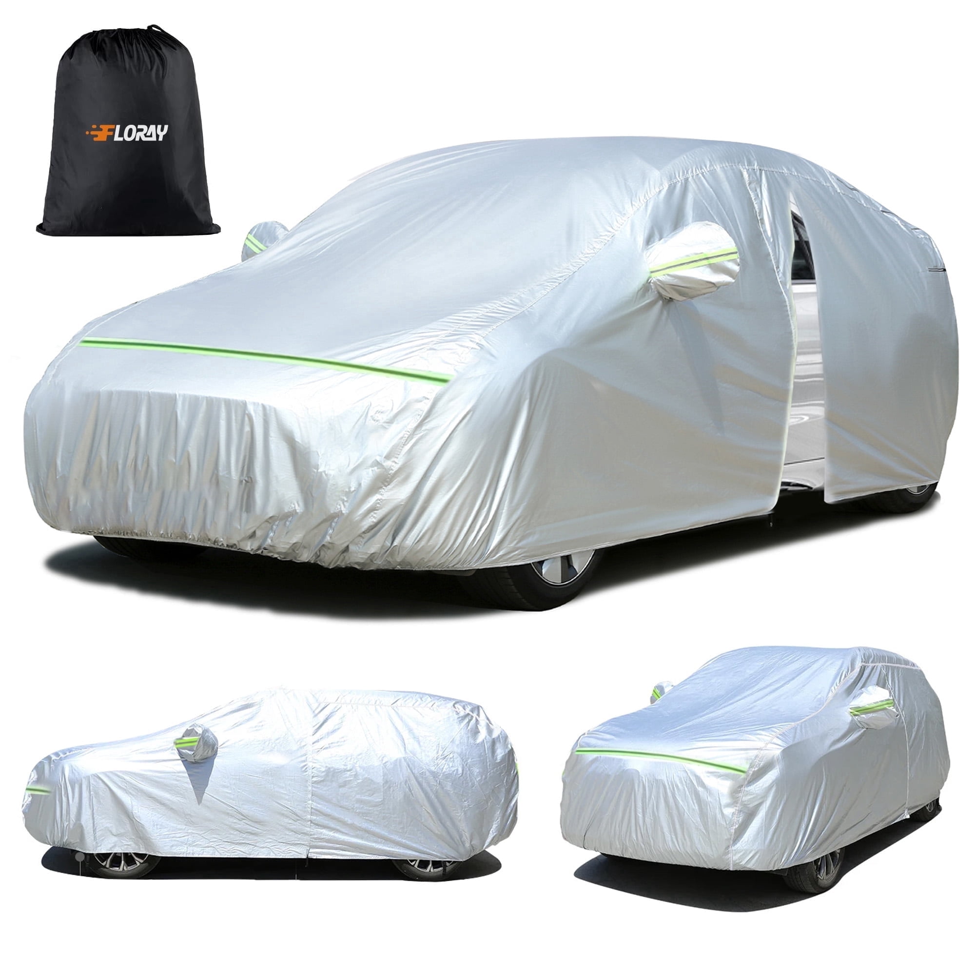FLORAY Waterproof Car Cover with Zipper Door, All-Weather Windproof Outdoor Protection for Sedans & Compact SUVs, UV and Rain Protection, Silver