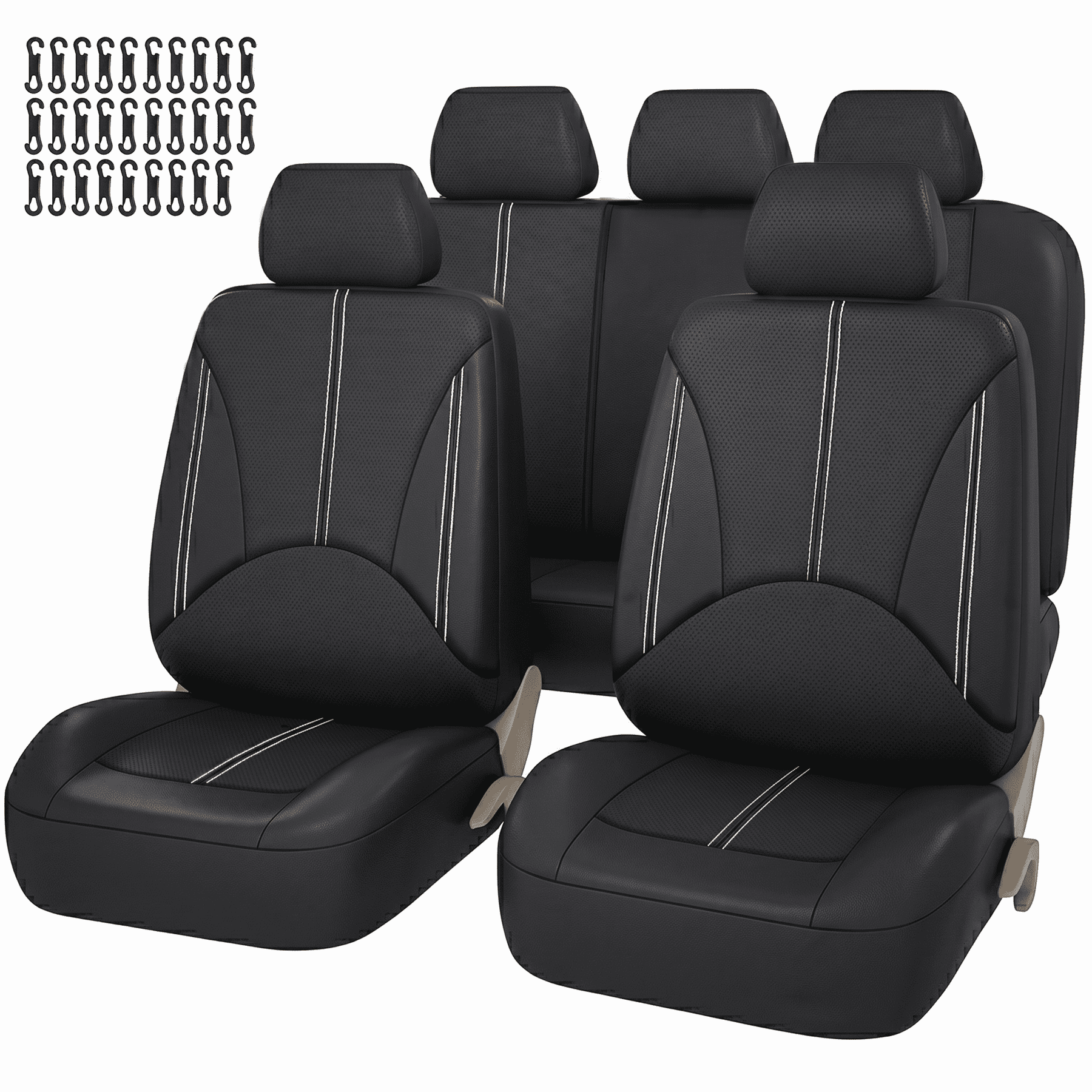 FLORAY Car Seat Covers for Compact Sedans, PU Leather 9-Piece Full Set, Front and Solid Rear Bench, Airbag Compatible, Black
