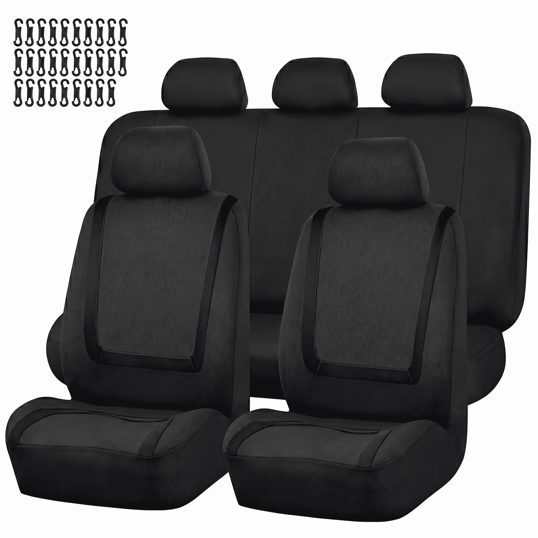 FLORAY Car Seat Covers for Compact Sedans, Polyester 9PCS Full Set, Front and Solid Rear Bench, Airbag Compatible, Black