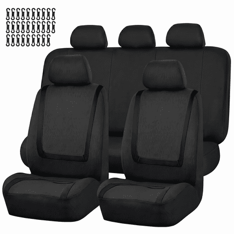 FLORAY Car Seat Covers for Compact Sedans, Polyester 9PCS Full Set, Front and Solid Rear Bench, Airbag Compatible, Black