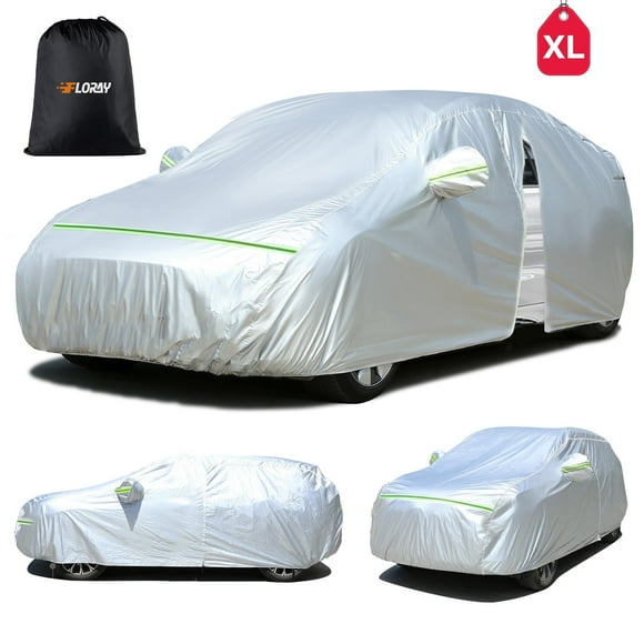 FLORAY Waterproof All-Weather Car Cover with Zipper Door, Windproof Protection for Sedans & Mid-Size SUVs, UV and Snow Guard, Silver (XL, 210" x 59" x 47")