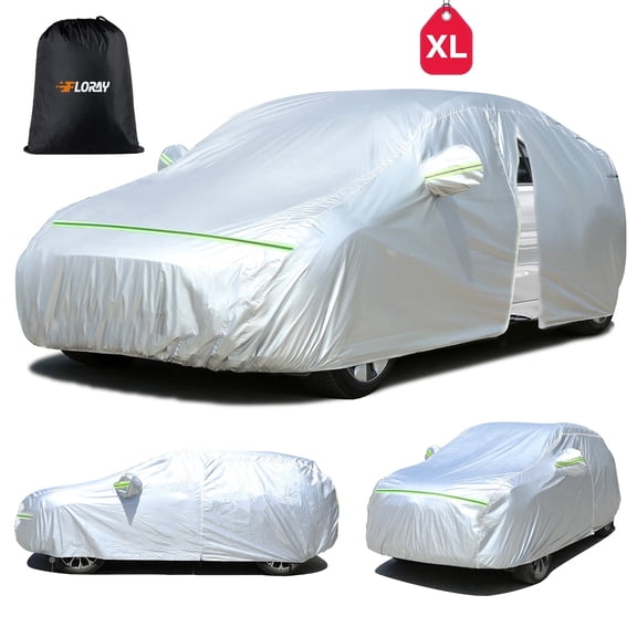 FLORAY Waterproof All-Weather Car Cover with Zipper Door, Windproof Protection for Sedans & Mid-Size SUVs, UV and Snow Guard, Silver (XL, 210" x 59" x 47")