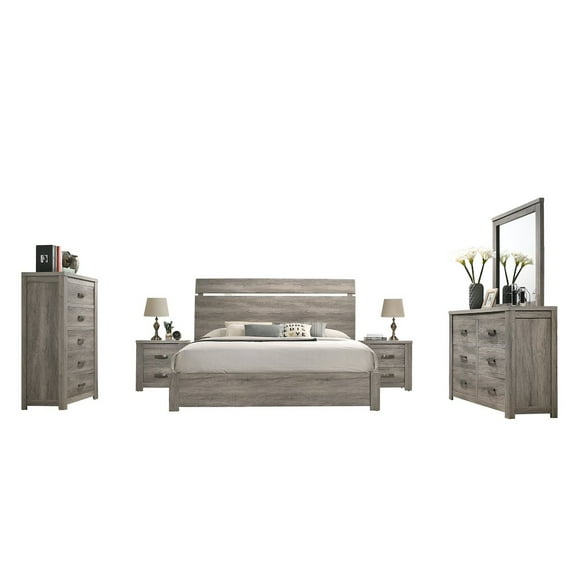 Floren Contemporary Weathered Gray Wood Bedroom Set, Queen Panel Bed, Dresser, Mirror, Two Nightstands, Chest