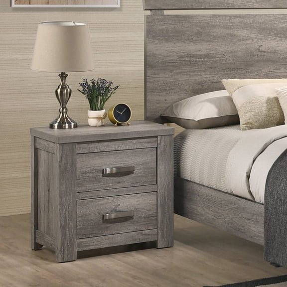 Floren Nightstand with 2 Drawers, Weathered Gray Wood, Bedroom Storage, 24.4" W x 16.6" D x 24.5" H