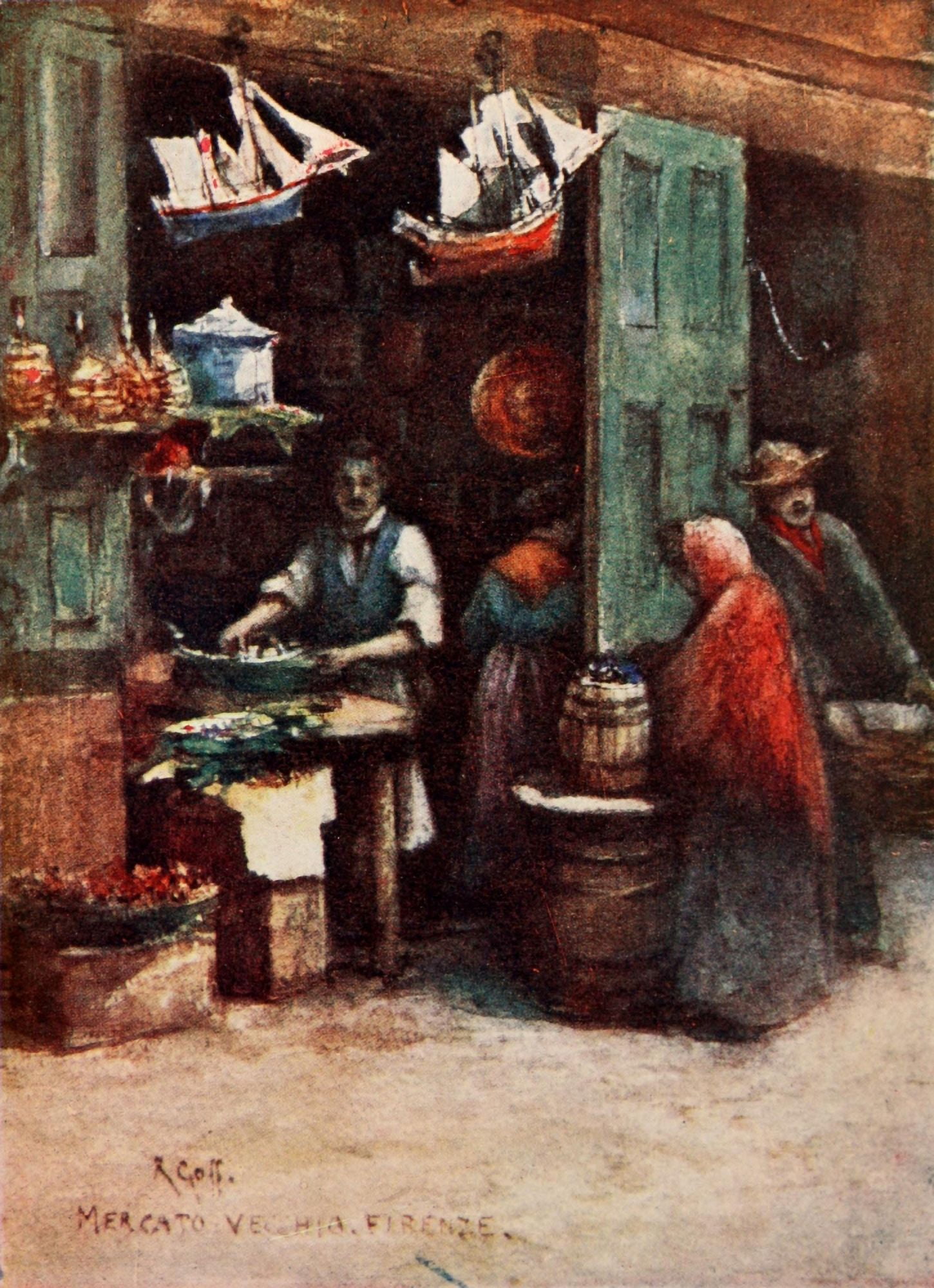 Florence 1912 Cooks shop selling wine & oil Canvas Art - RC Goff (18 x 24)