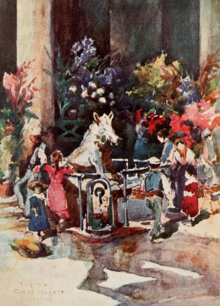 Florence 1912 Il Porcellino & Flower Market Canvas Art - RC Goff (18 x 24)