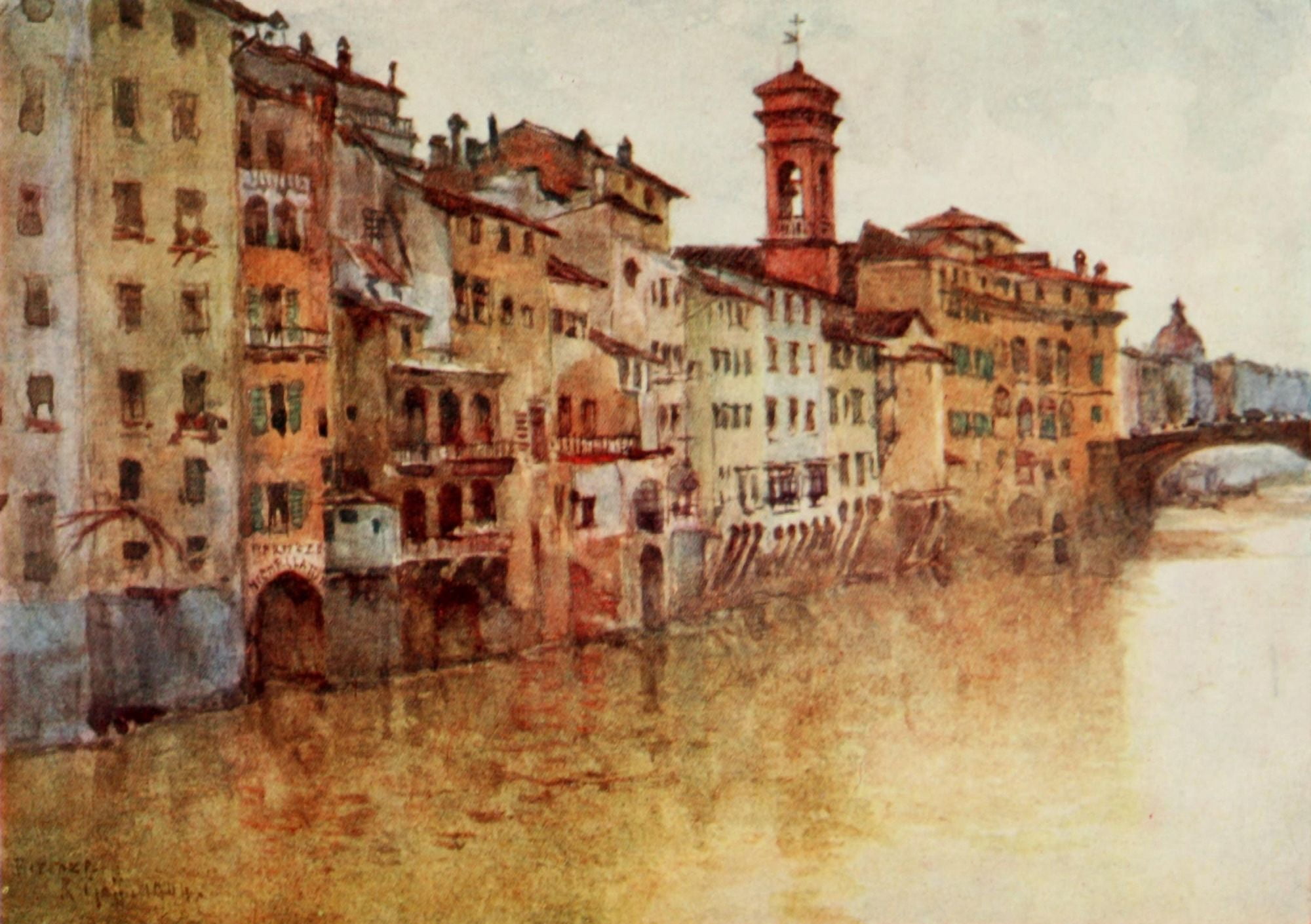 Florence 1912 Old houses by the Arno Canvas Art - RC Goff (18 x 24)