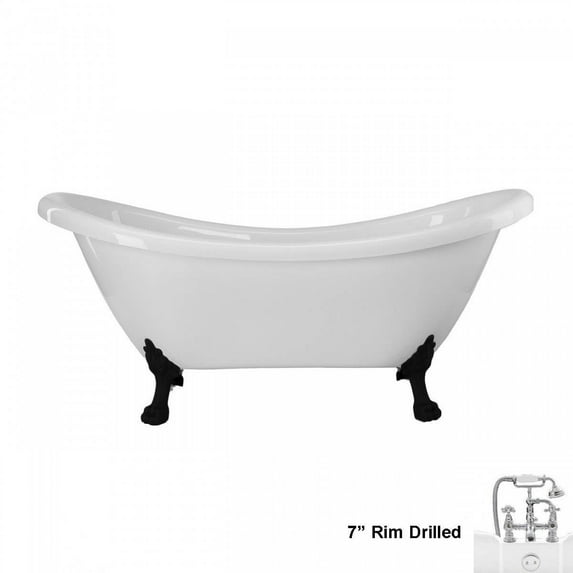 Florence 70 Inch Acrylic Double Slipper Clawfoot Tub - Rim Faucet Drillings - Lion Paw Feet