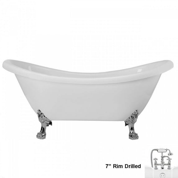 Florence 70 Inch Acrylic Double Slipper Clawfoot Tub - Rim Faucet Drillings - Lion Paw Feet