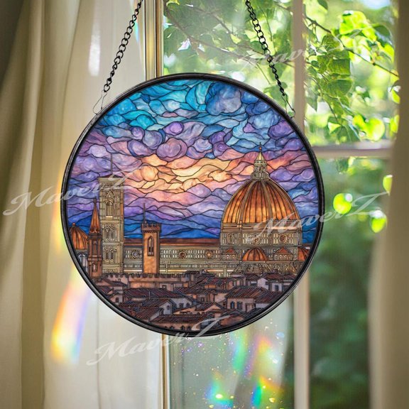 Florence Duomo Glass Suncatcher, Round Italy Cathedral Window Panel, Travel Gift, 3.5 in