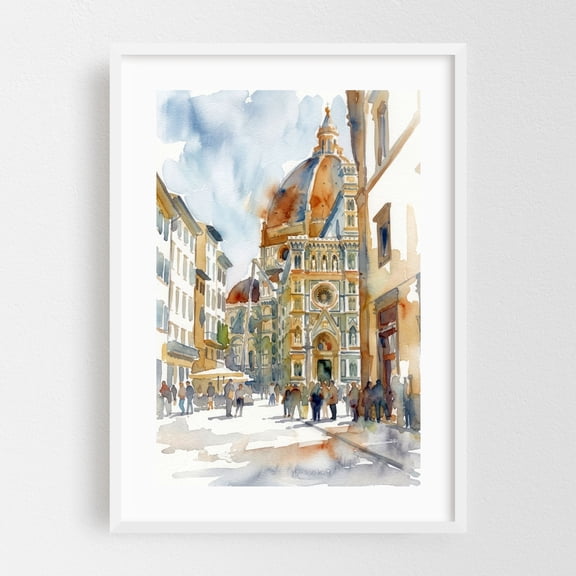 Florence Duomo Street View - Historic Santa Maria del Fiore Watercolor - Florence Tuscany Italy Painting Watercolor Cathedral Architecture Italian Cityscape White Framed Wall Art Print 5 x 7 inches