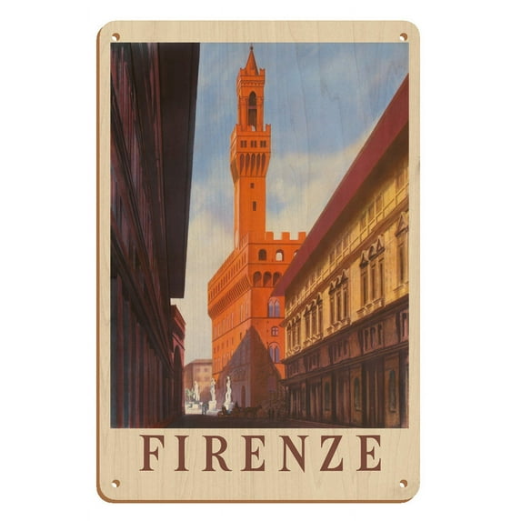 Florence (Firenze) Italy - Palazzo Vecchio Old Palace - Vintage Travel Poster c.1938 - 8 x 12 inch Vintage Wood Art Sign