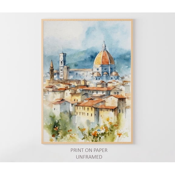 Florence Italy Art Poster: Tuscan Cityscape, Wildflowers, Unframed Poster Size 8x12