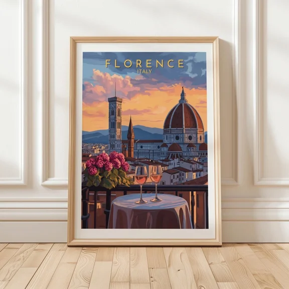Florence Italy Duomo Cathedral Sunset Balcony View With Wine Glasses Poster Home Decor Office Wall Art