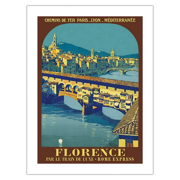 Florence Italy - FIRENZE Ponte Vecchio - Paris-Lyon-Méditerranée (PLM) River Arno - Vintage Travel Poster by Roger Broders c.1921 - Bamboo Fine Art 290gsm Paper Print (Unframed) 18x24in
