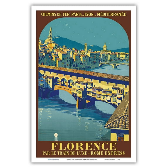 Florence Italy - FIRENZE Ponte Vecchio - Paris-Lyon-Méditerranée (PLM) River Arno - Vintage Travel Poster by Roger Broders c.1921 - Master Art Print (Unframed) 12in x 18in