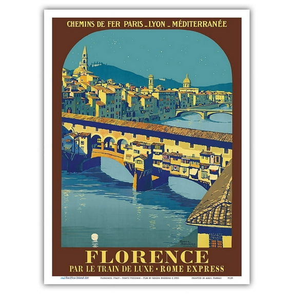 Florence Italy - FIRENZE Ponte Vecchio - Paris-Lyon-Méditerranée (PLM) River Arno - Vintage Travel Poster by Roger Broders c.1921 - Master Art Print (Unframed) 9in x 12in