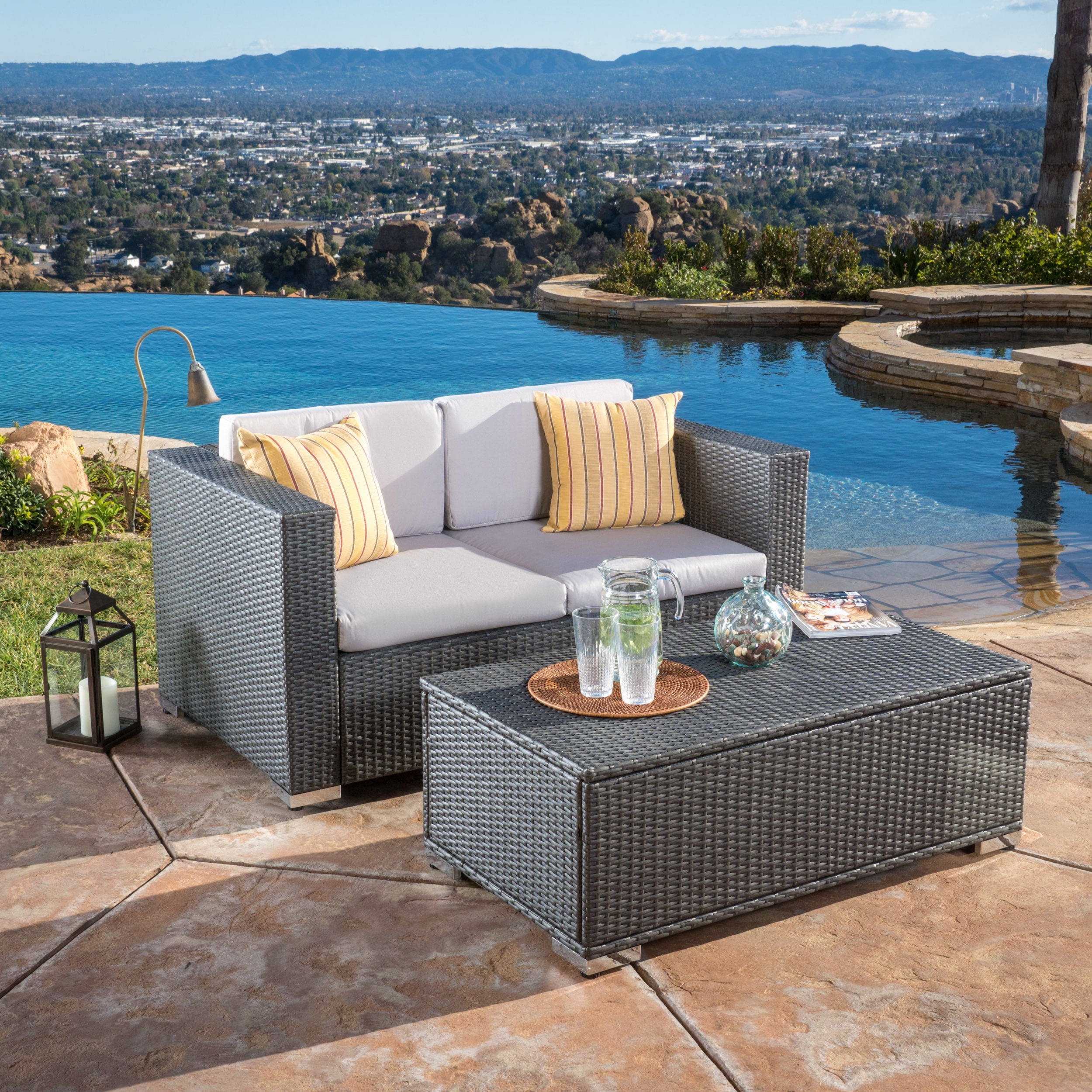 Florence Outdoor Wicker Sofa and Coffee Table Set, Grey, Silver Grey