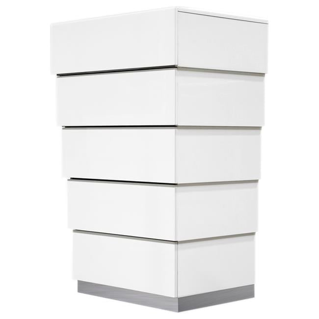 Florence High Gloss White 5-Drawer Chest with Stainless Steel Base