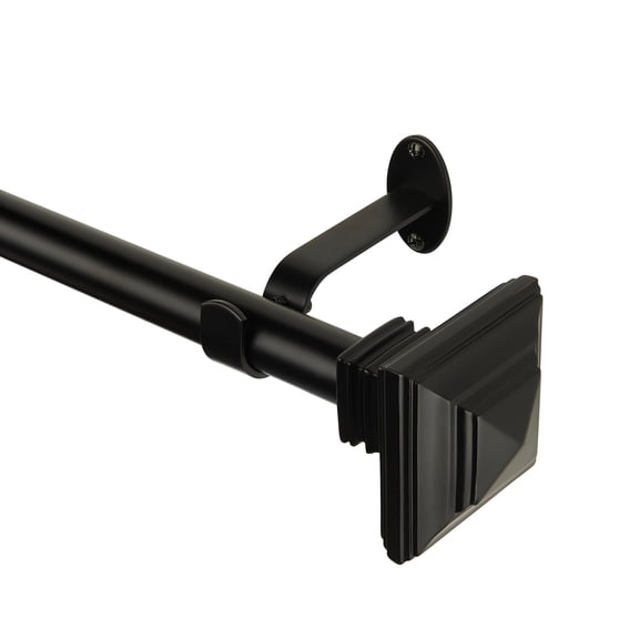 Threadmade Florence Single Curtain Rod with Stacked Square Finial, Antique Black - 28"W x 48"L