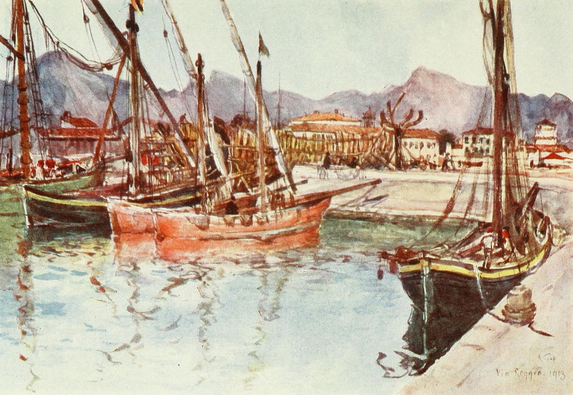 Florence & some Tuscan Cities 1905 Boats at Viareggio harbour Canvas Art - RC Goff (24 x 36)