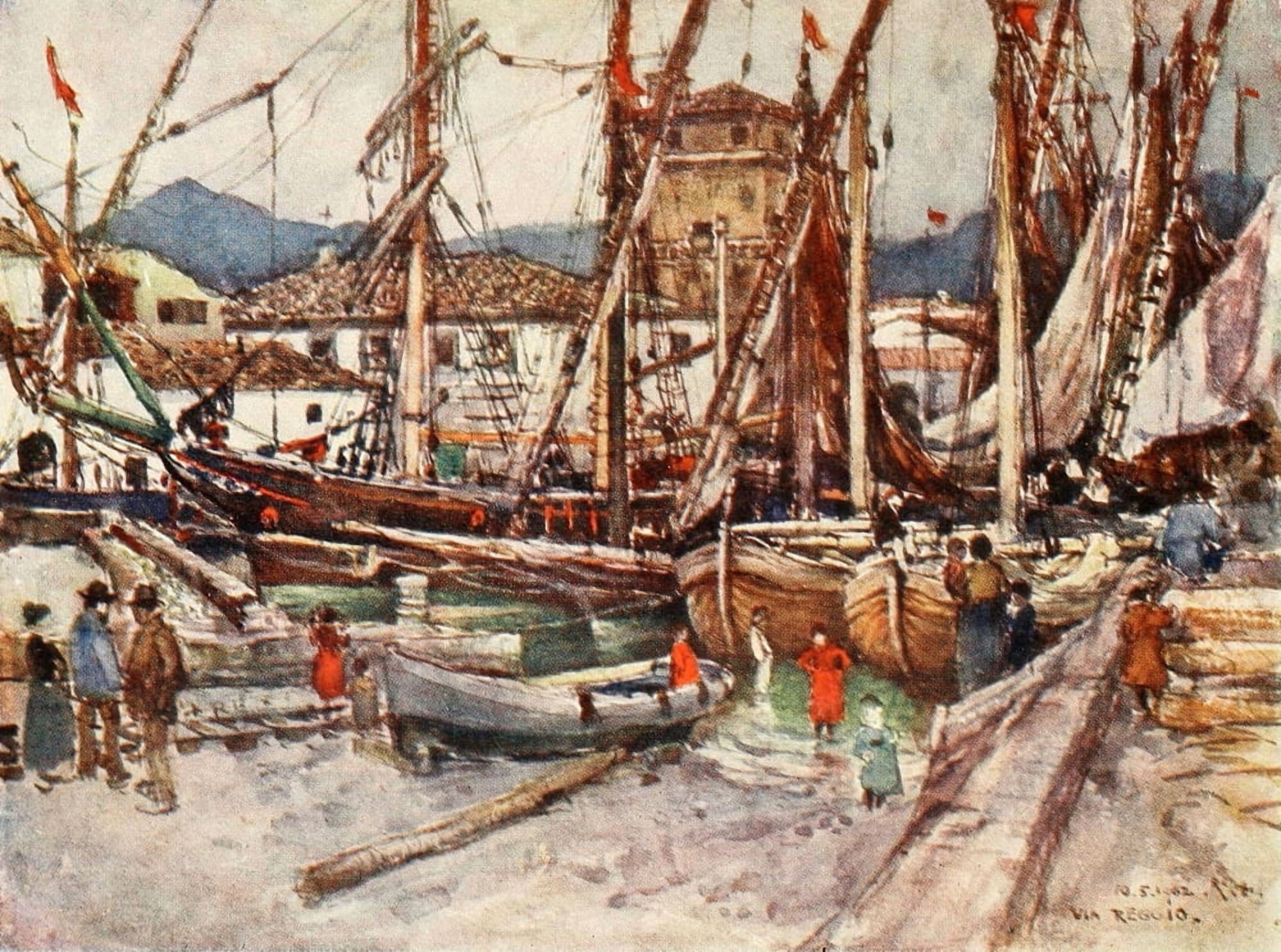 Florence & some Tuscan Cities 1905 Boats in basin of Viareggio Canvas Art - RC Goff (18 x 24)