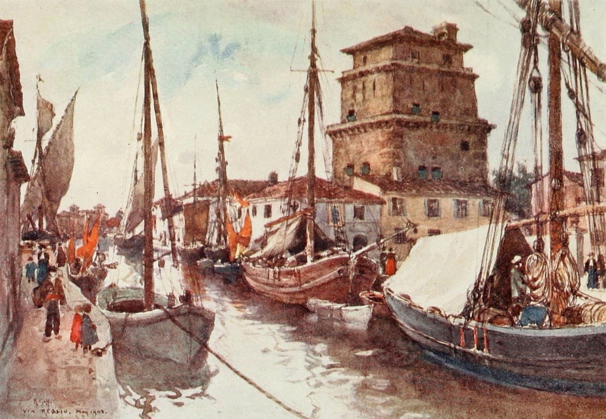 Florence & some Tuscan Cities 1905 Harbour at Viareggio Canvas Art - RC Goff (24 x 36)