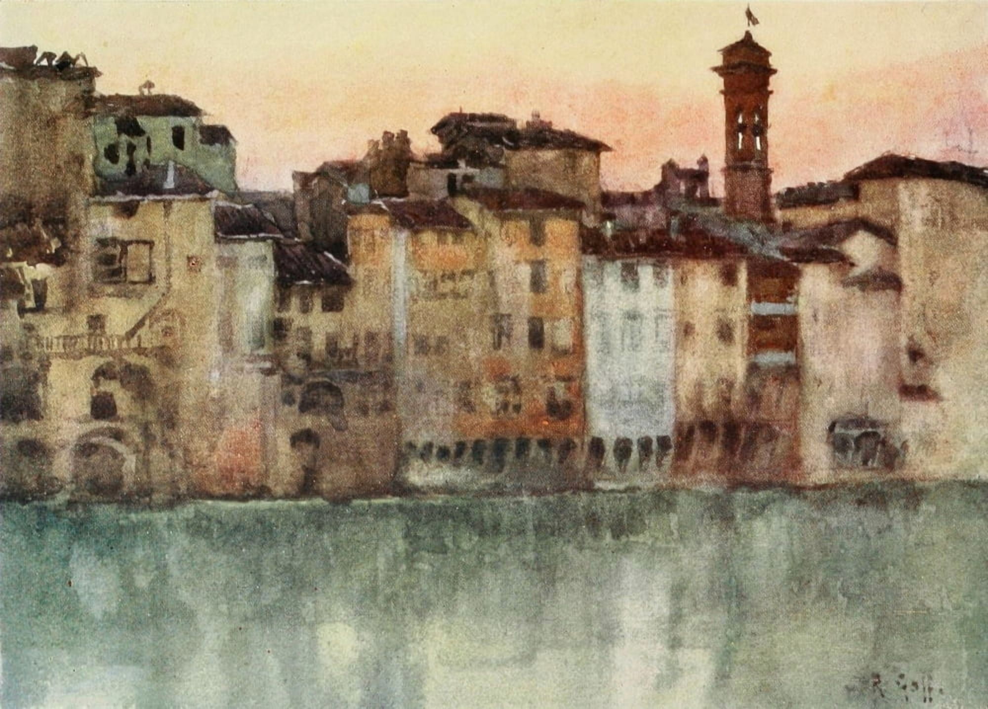 Florence & some Tuscan Cities 1905 Left bank of Arno Canvas Art - RC Goff (24 x 36)