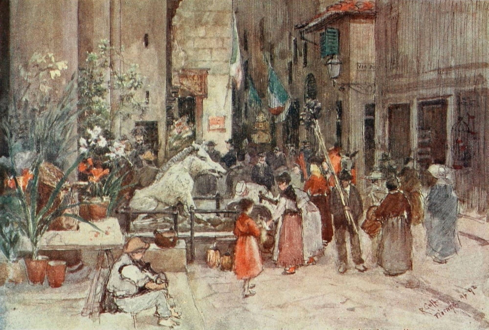 Florence & some Tuscan Cities 1905 Mercato Nuovo in 1884 Canvas Art - RC Goff (18 x 24)